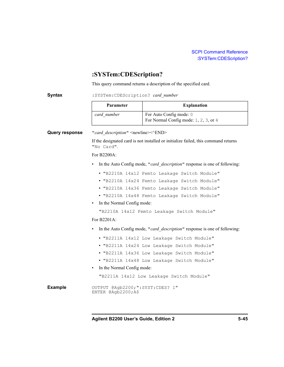 System:cdescription, System:cdescription? -45 | Agilent Technologies B2201A User Manual | Page 171 / 234