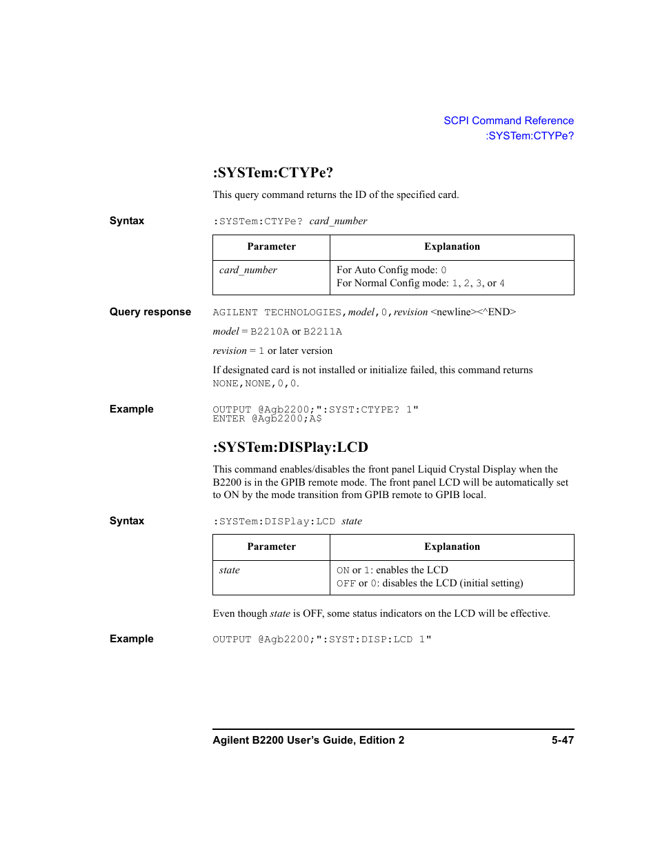 System:ctype, System:display:lcd, System:ctype? -47 :system:display:lcd -47 | Agilent Technologies B2201A User Manual | Page 173 / 234