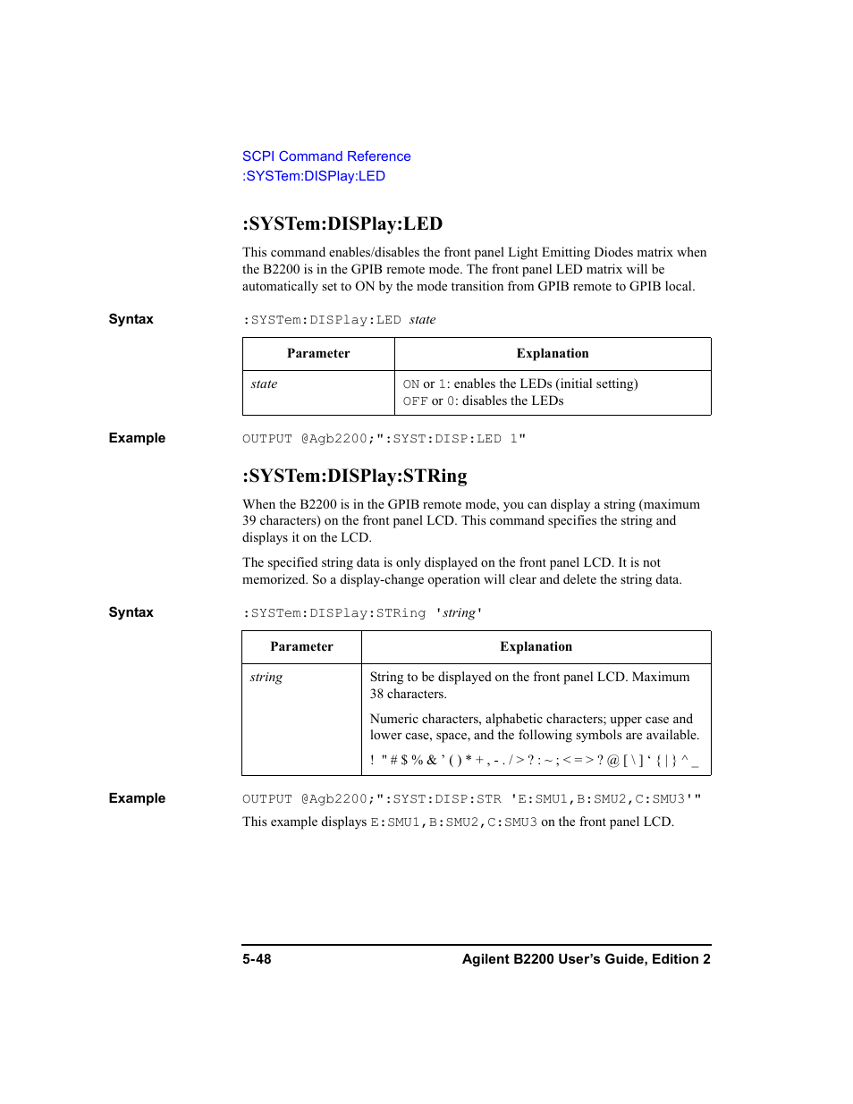 System:display:led, System:display:string, System:display:led -48 :system:display:string -48 | Agilent Technologies B2201A User Manual | Page 174 / 234
