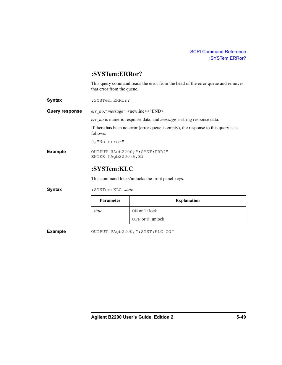 System:error, System:klc, System:error? -49 :system:klc -49 | Agilent Technologies B2201A User Manual | Page 175 / 234