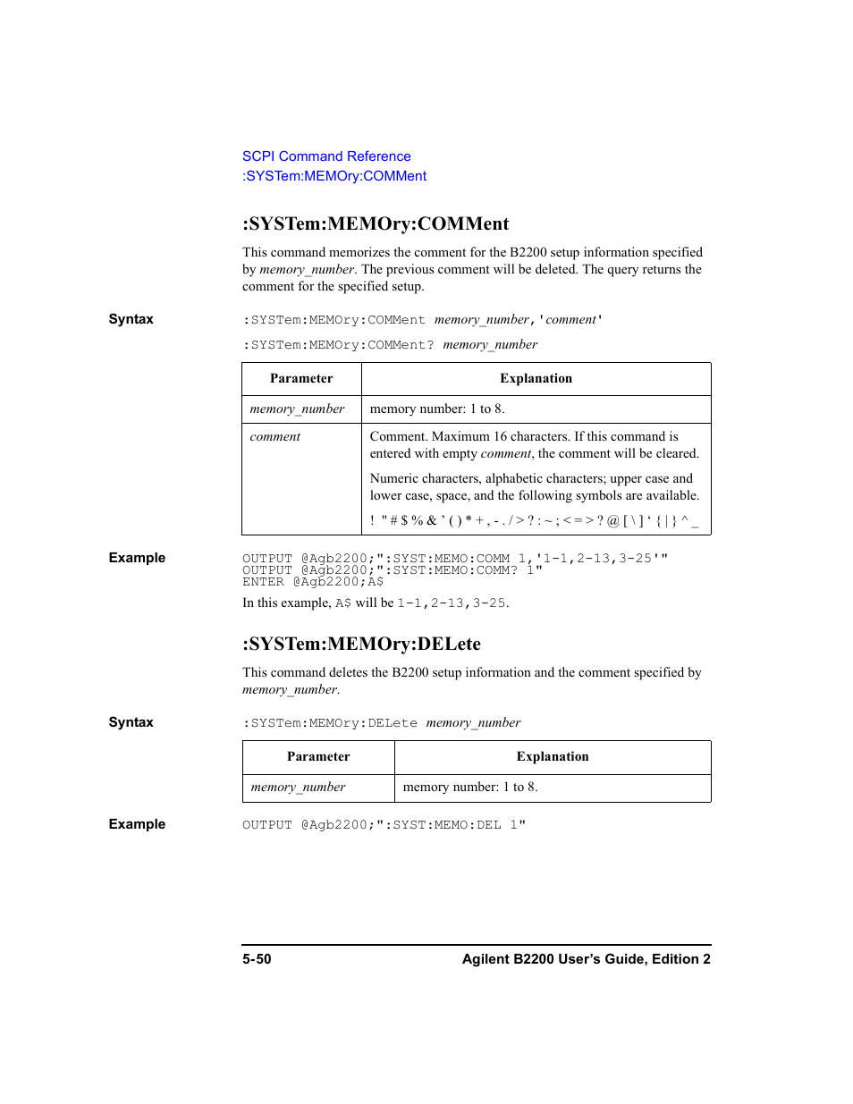 System:memory:comment, System:memory:delete | Agilent Technologies B2201A User Manual | Page 176 / 234