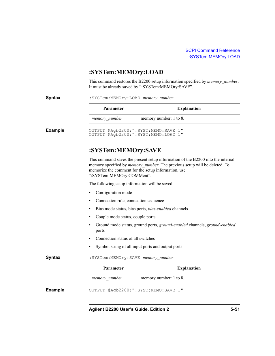 System:memory:load, System:memory:save, System:memory:load -51 :system:memory:save -51 | Agilent Technologies B2201A User Manual | Page 177 / 234