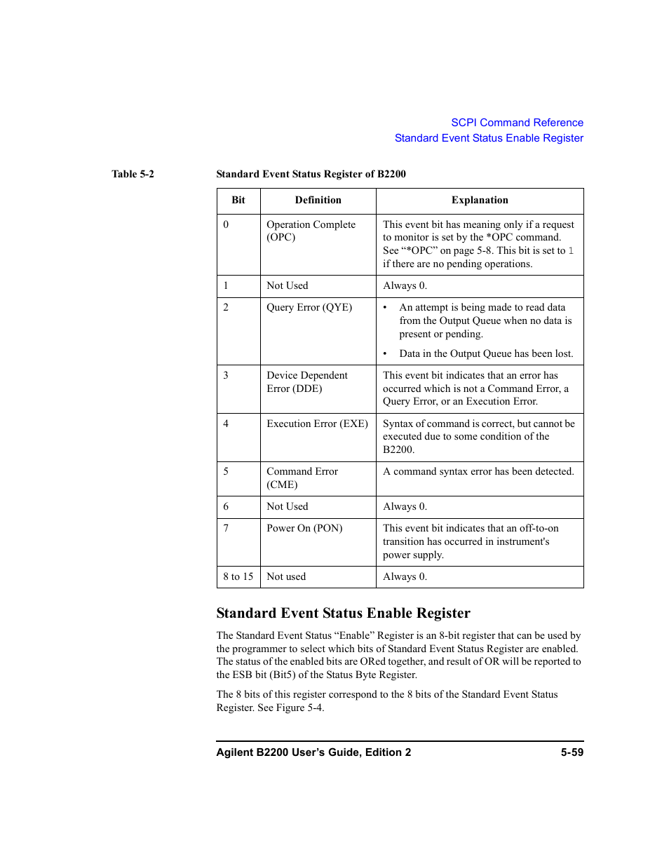 Standard event status enable register, Standard event status enable register -59 | Agilent Technologies B2201A User Manual | Page 185 / 234