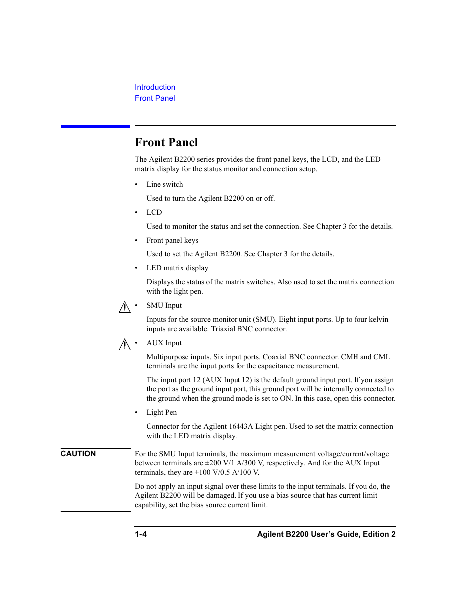 Front panel, Front panel -4 | Agilent Technologies B2201A User Manual | Page 20 / 234