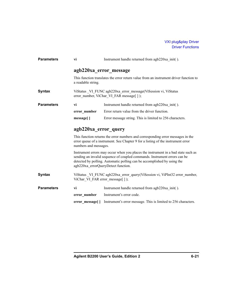 Agb220xa_error_message, Agb220xa_error_query | Agilent Technologies B2201A User Manual | Page 207 / 234