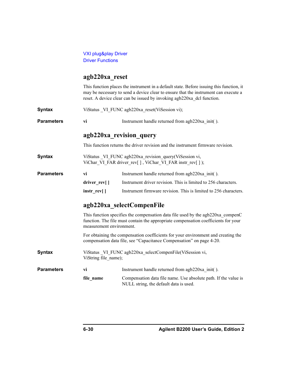Agb220xa_reset, Agb220xa_revision_query, Agb220xa_selectcompenfile | Agb220xa_selectcompenfile f | Agilent Technologies B2201A User Manual | Page 216 / 234