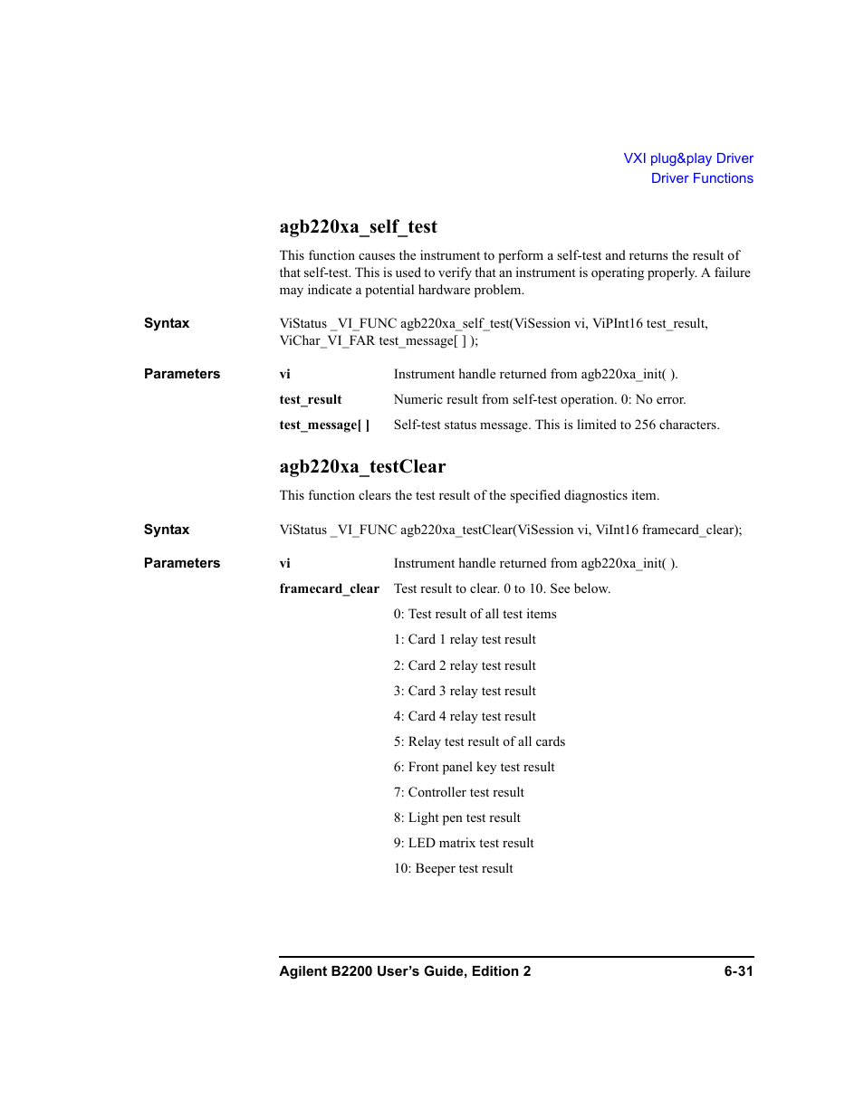 Agb220xa_self_test, Agb220xa_testclear, Agb220xa_self_test -31 agb220xa_testclear -31 | Agilent Technologies B2201A User Manual | Page 217 / 234