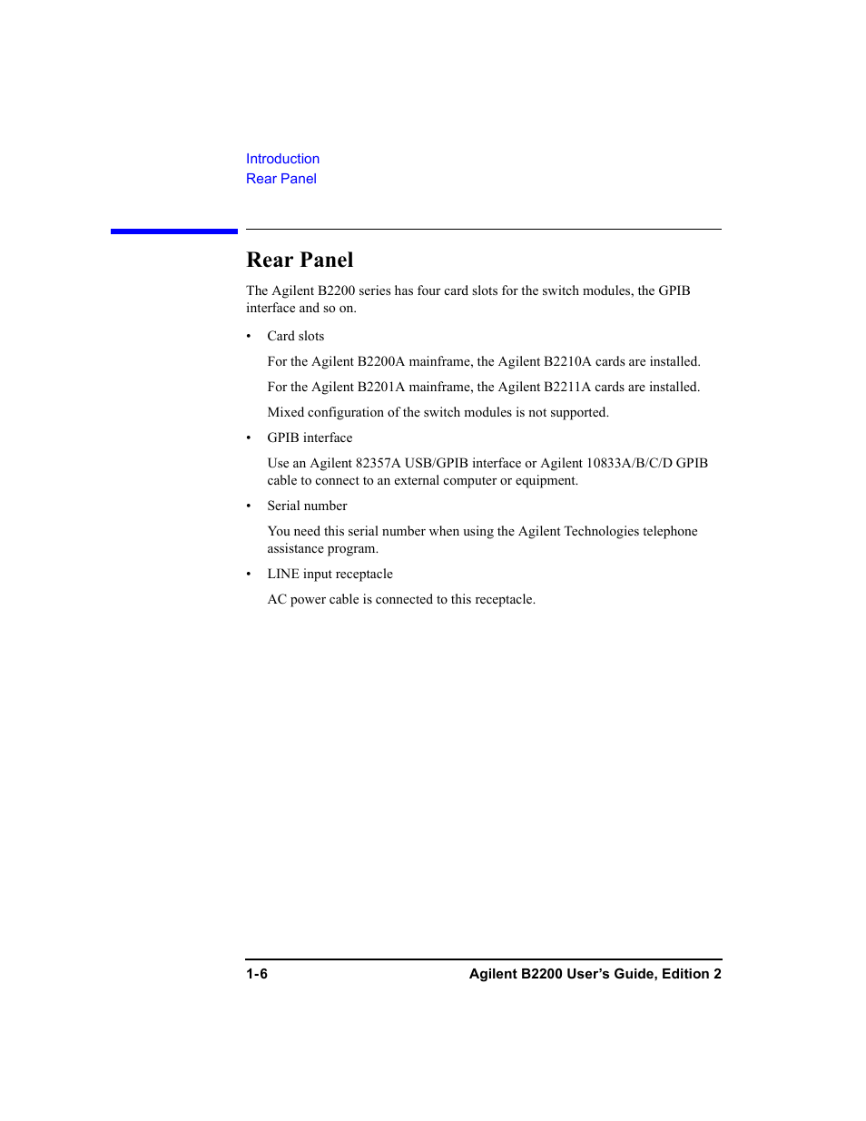 Rear panel, Rear panel -6 | Agilent Technologies B2201A User Manual | Page 22 / 234