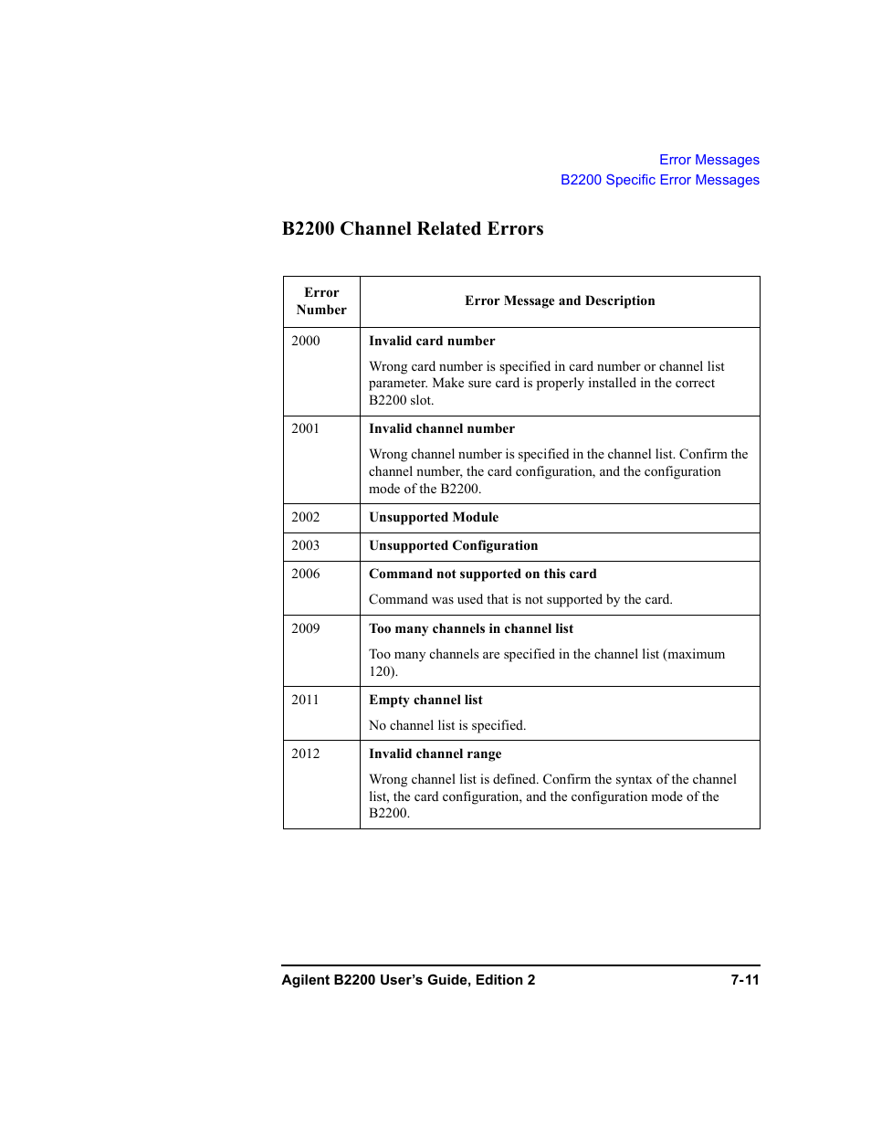 B2200 channel related errors, B2200 channel related errors -11 | Agilent Technologies B2201A User Manual | Page 231 / 234