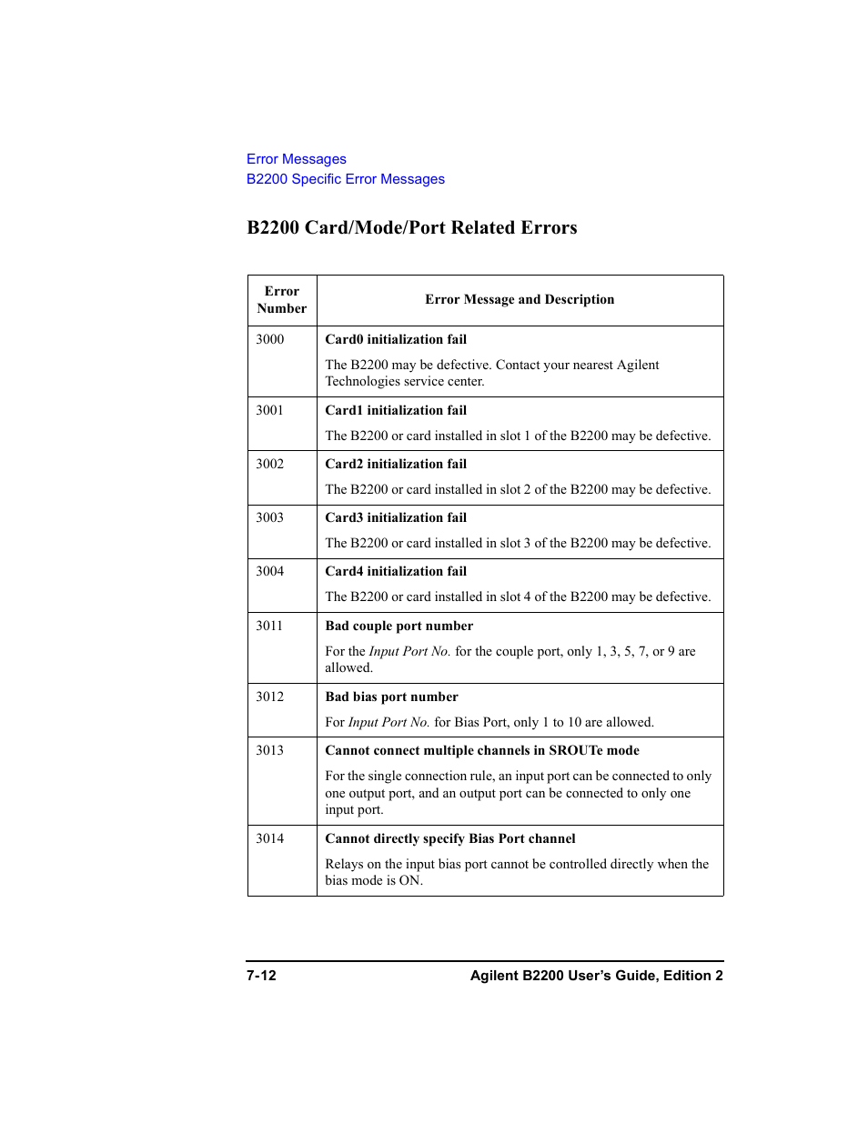 B2200 card/mode/port related errors, B2200 card/mode/port related errors -12 | Agilent Technologies B2201A User Manual | Page 232 / 234