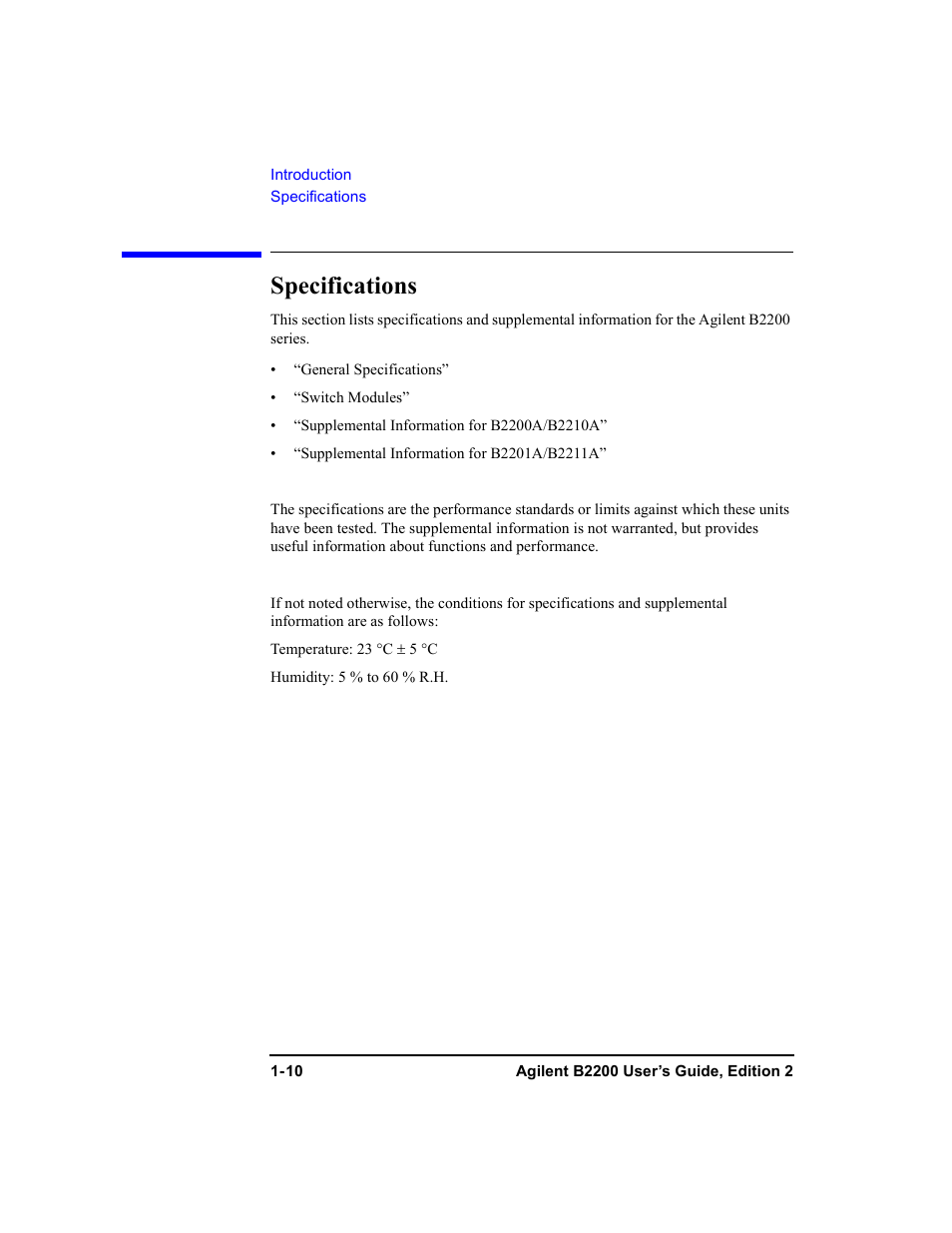 Specifications, Specifications -10 | Agilent Technologies B2201A User Manual | Page 26 / 234