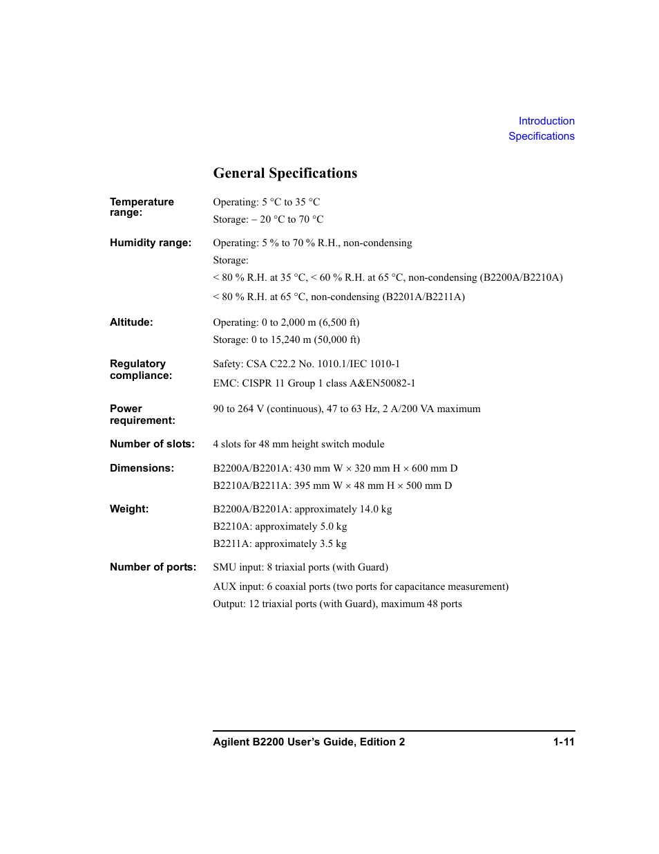 General specifications, General specifications -11 | Agilent Technologies B2201A User Manual | Page 27 / 234