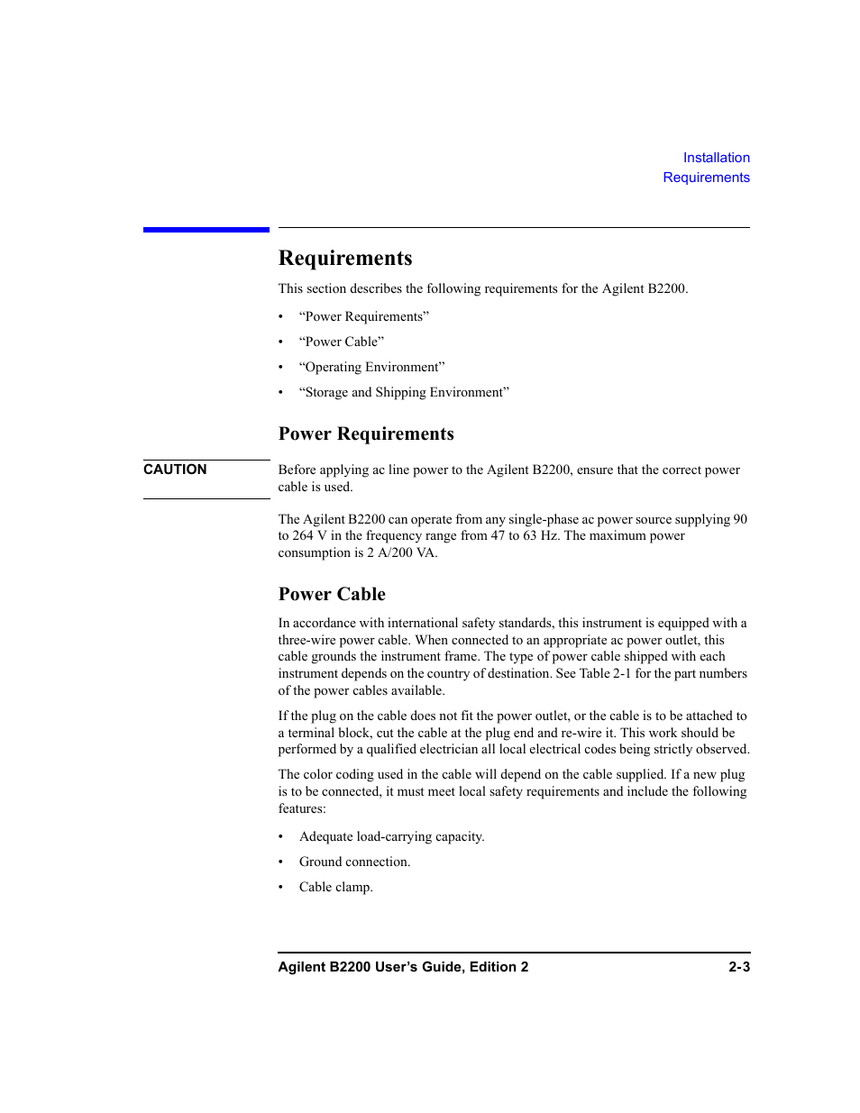 Requirements, Power requirements, Power cable | Requirements -3, Power requirements -3 power cable -3 | Agilent Technologies B2201A User Manual | Page 37 / 234