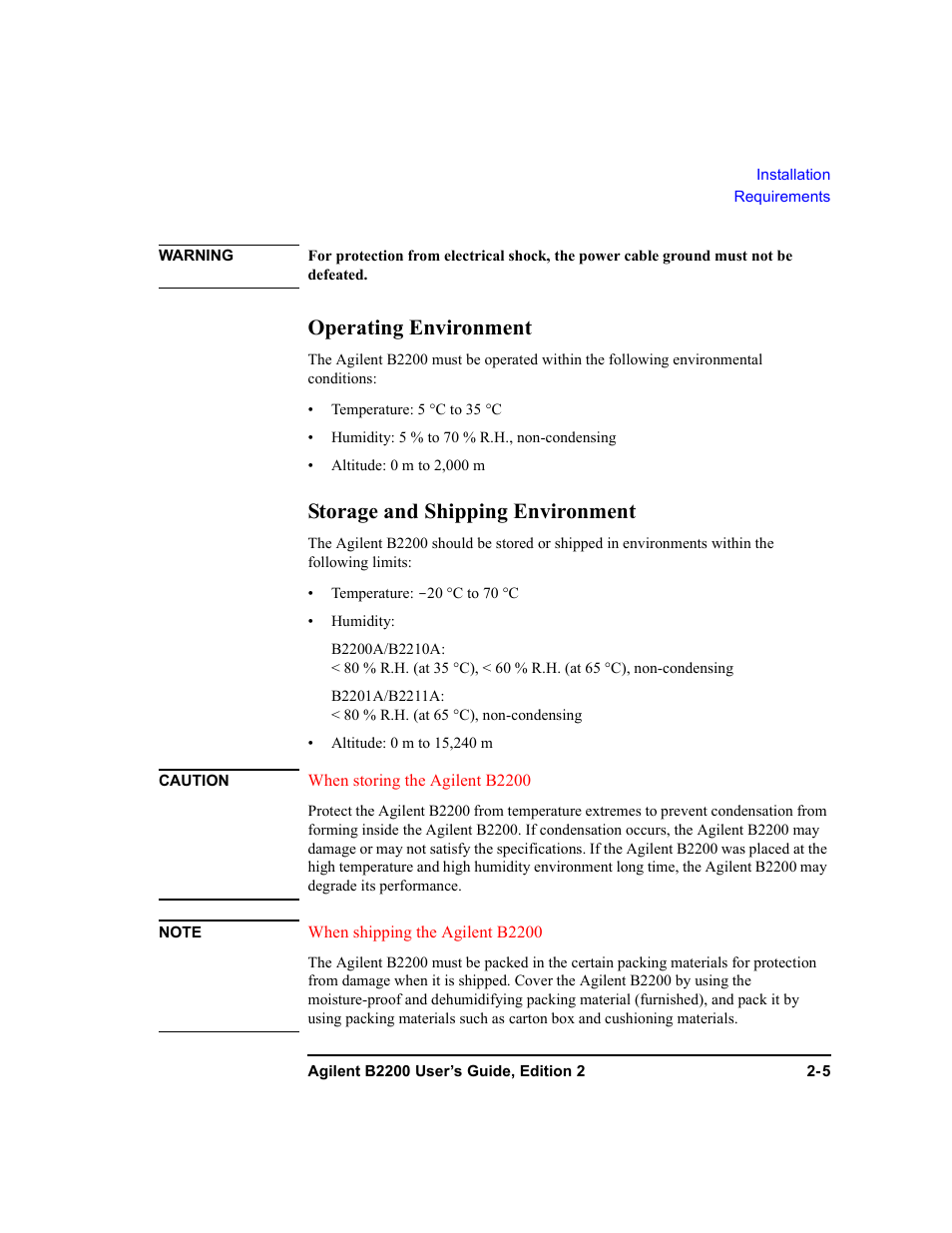 Operating environment, Storage and shipping environment | Agilent Technologies B2201A User Manual | Page 39 / 234