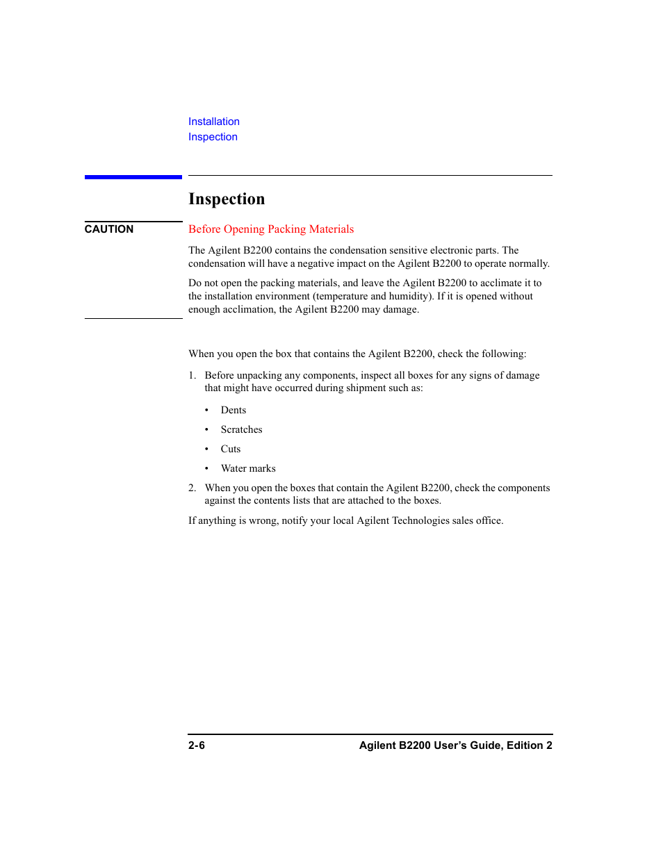 Inspection, Inspection -6 | Agilent Technologies B2201A User Manual | Page 40 / 234