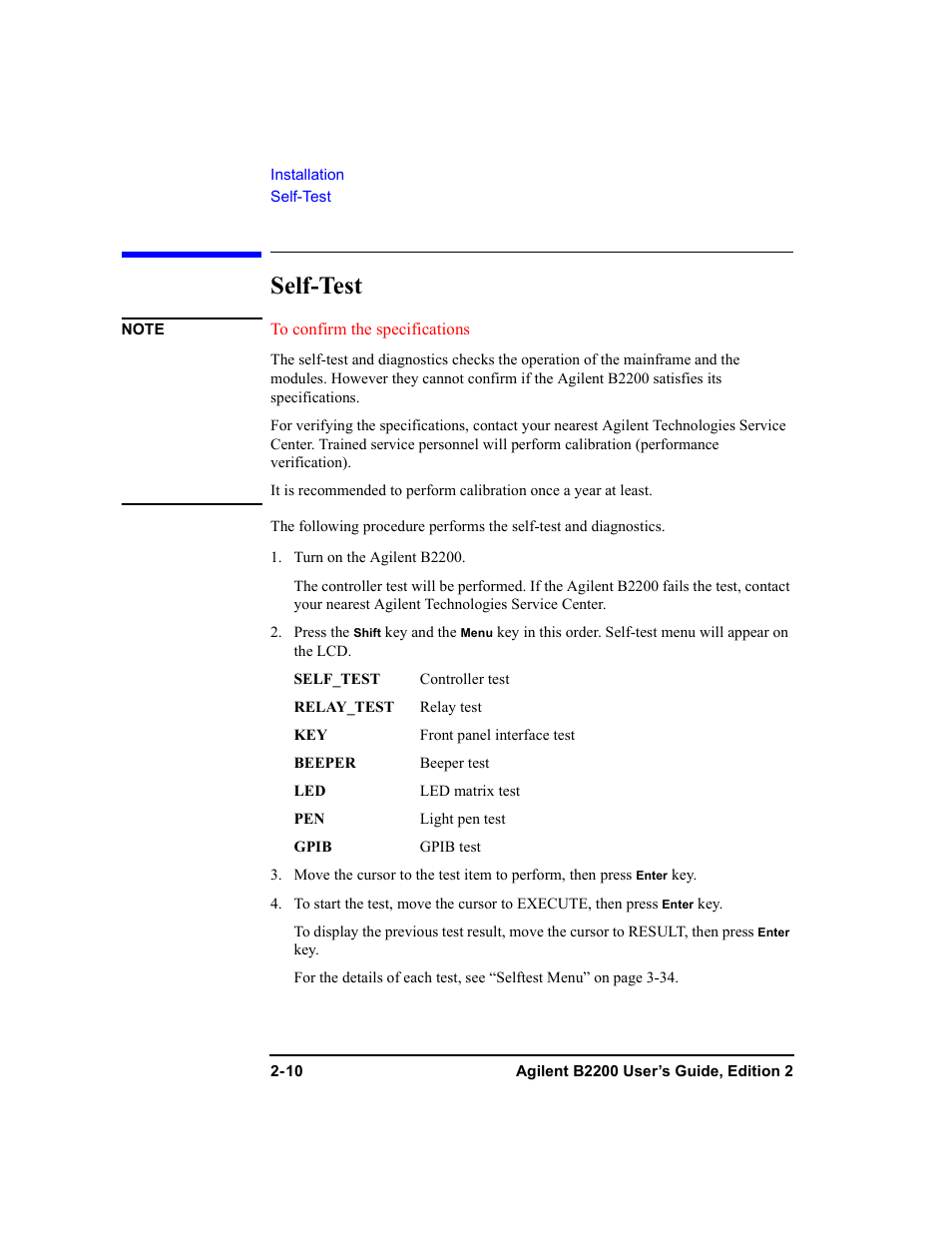 Self-test, Self-test -10 | Agilent Technologies B2201A User Manual | Page 44 / 234