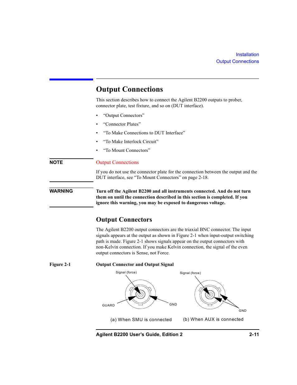 Output connections, Output connectors, Output connections -11 | Output connectors -11 | Agilent Technologies B2201A User Manual | Page 45 / 234