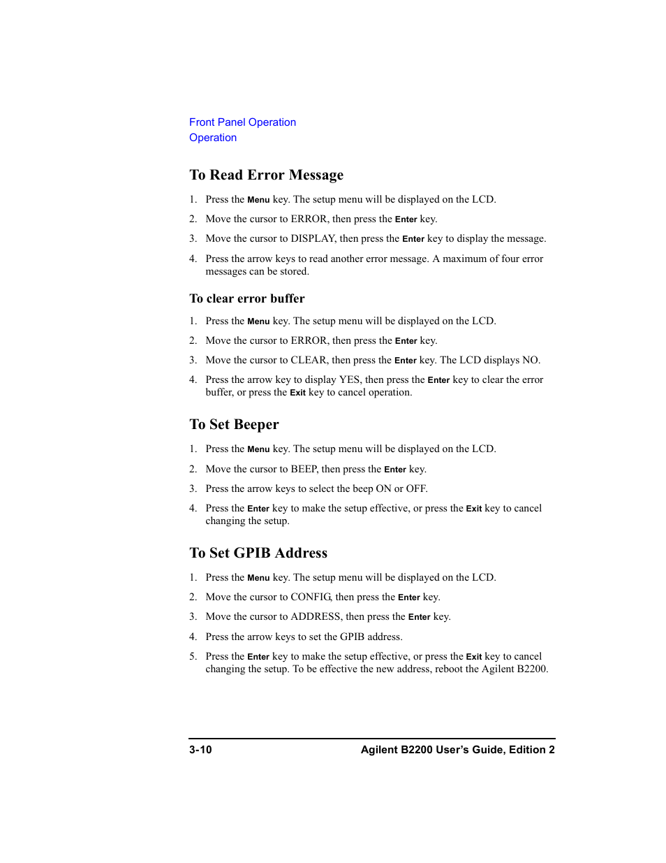 To read error message, To set beeper, To set gpib address | To read error message -10 to set beeper -10, To set gpib address -10 | Agilent Technologies B2201A User Manual | Page 70 / 234
