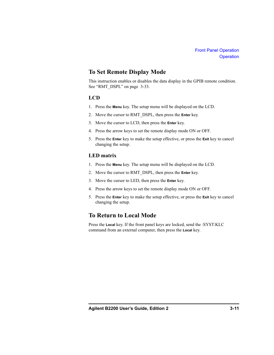 To set remote display mode, To return to local mode | Agilent Technologies B2201A User Manual | Page 71 / 234