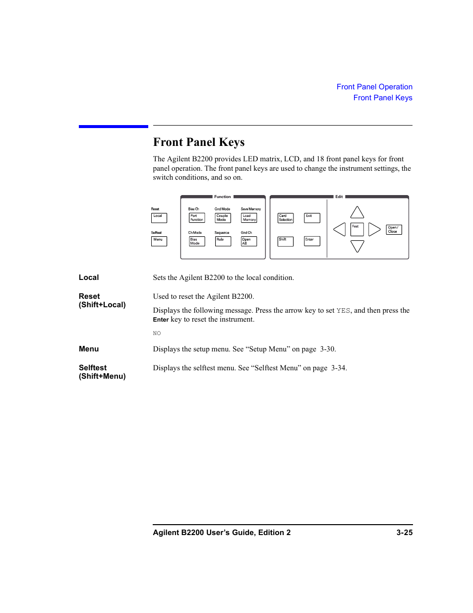 Front panel keys, Front panel keys -25 | Agilent Technologies B2201A User Manual | Page 85 / 234