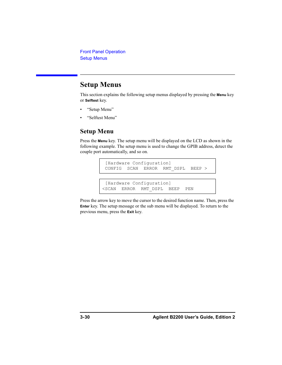 Setup menus, Setup menu, Setup menus -30 | Setup menu -30 | Agilent Technologies B2201A User Manual | Page 90 / 234