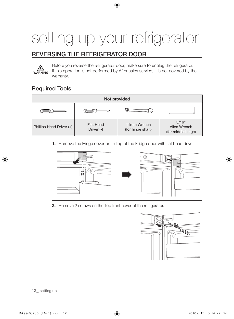 Setting up your refrigerator, Reversing the refrigerator door, Required tools | Samsung RL23THCTS User Manual | Page 12 / 144