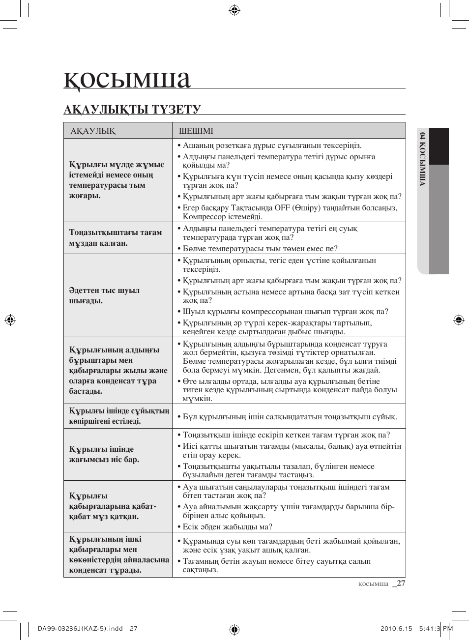 Қосымша, Ақаулықты түзету | Samsung RL23THCTS User Manual | Page 141 / 144