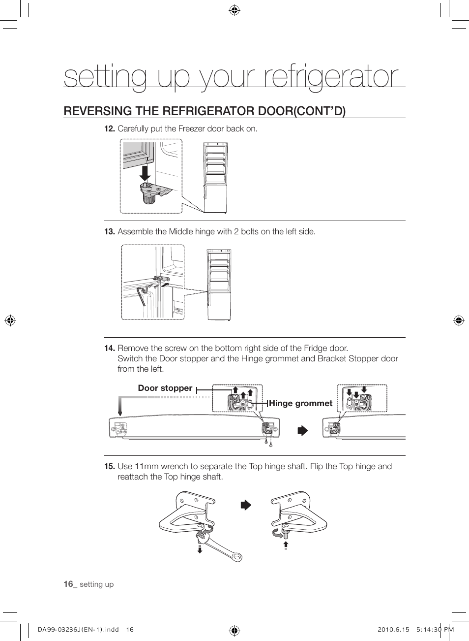 Setting up your refrigerator, Reversing the refrigerator door(cont’d) | Samsung RL23THCTS User Manual | Page 16 / 144