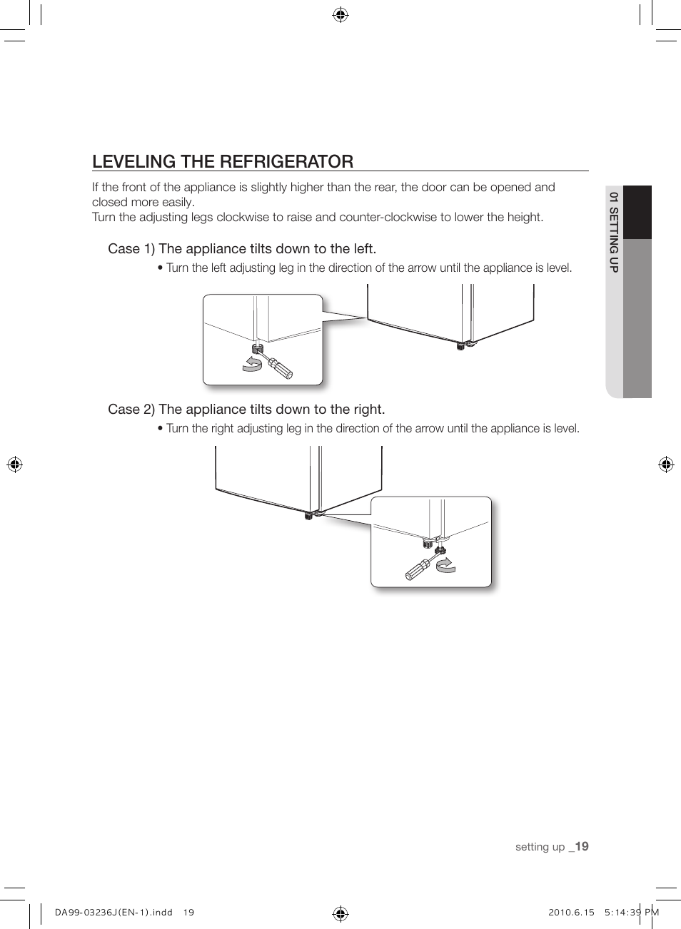 Leveling the refrigerator | Samsung RL23THCTS User Manual | Page 19 / 144