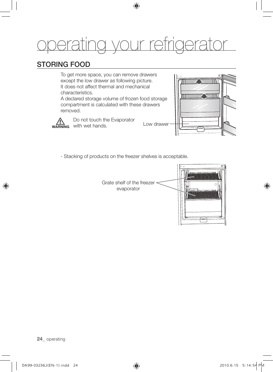 Operating your refrigerator, Storing food | Samsung RL23THCTS User Manual | Page 24 / 144