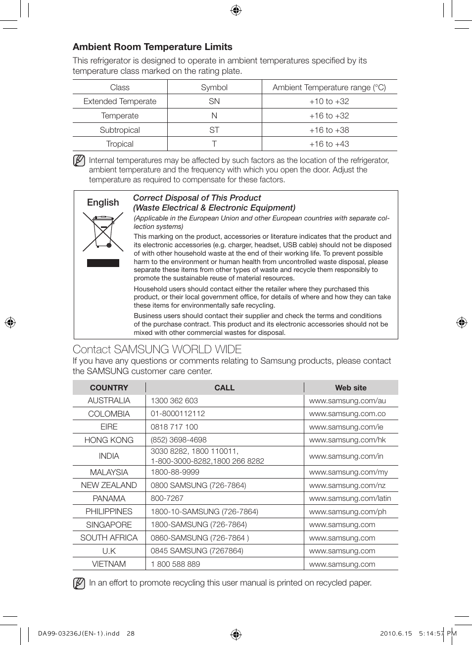 Contact samsung world wide | Samsung RL23THCTS User Manual | Page 28 / 144