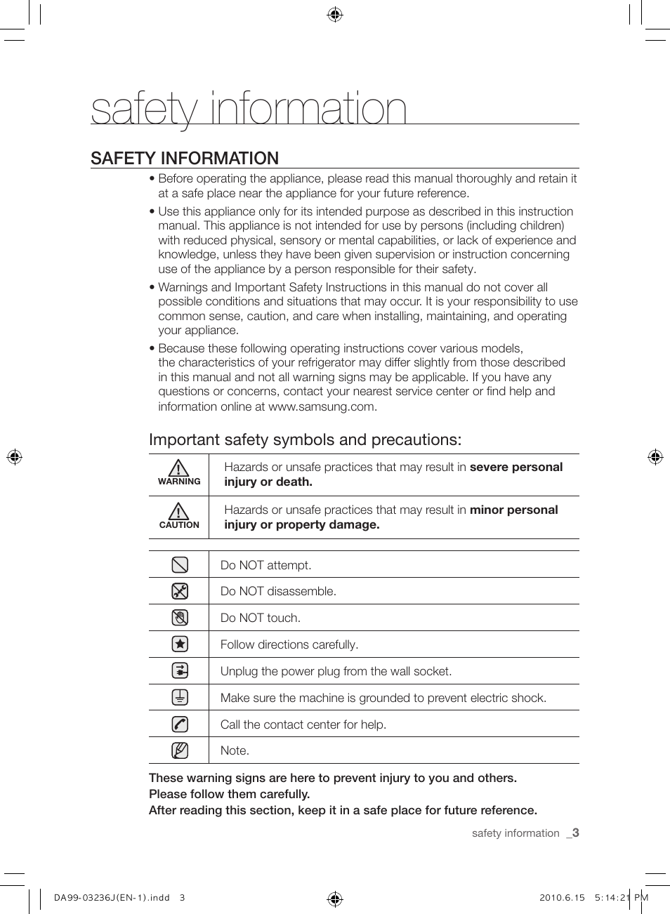 Safety information, Important safety symbols and precautions | Samsung RL23THCTS User Manual | Page 3 / 144