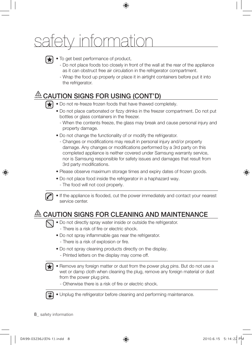 Safety information, Caution signs for using (cont’d), Caution signs for cleaning and maintenance | Samsung RL23THCTS User Manual | Page 8 / 144