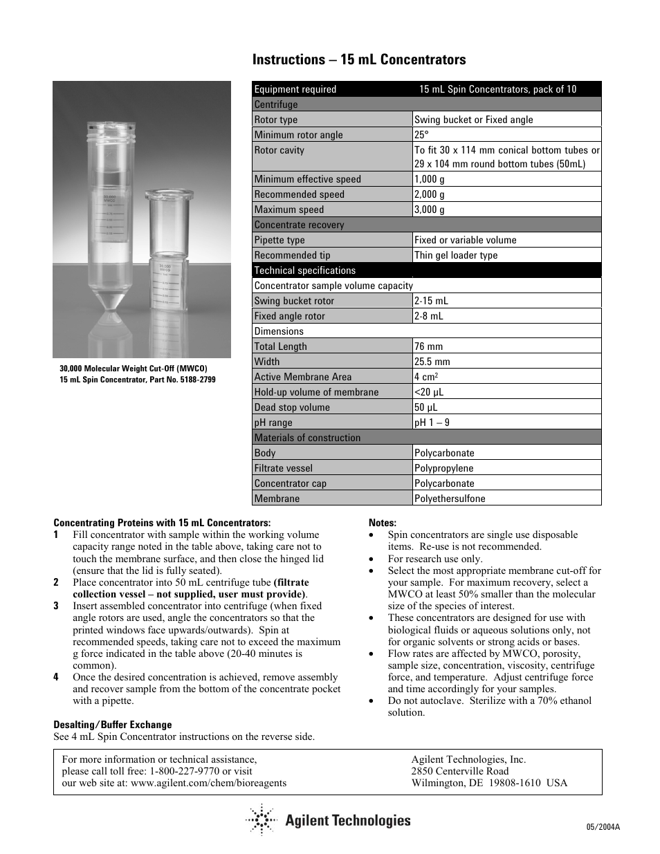 Instructions – 15 ml concentrators | Agilent Technologies 5185-5991 User Manual | Page 2 / 2