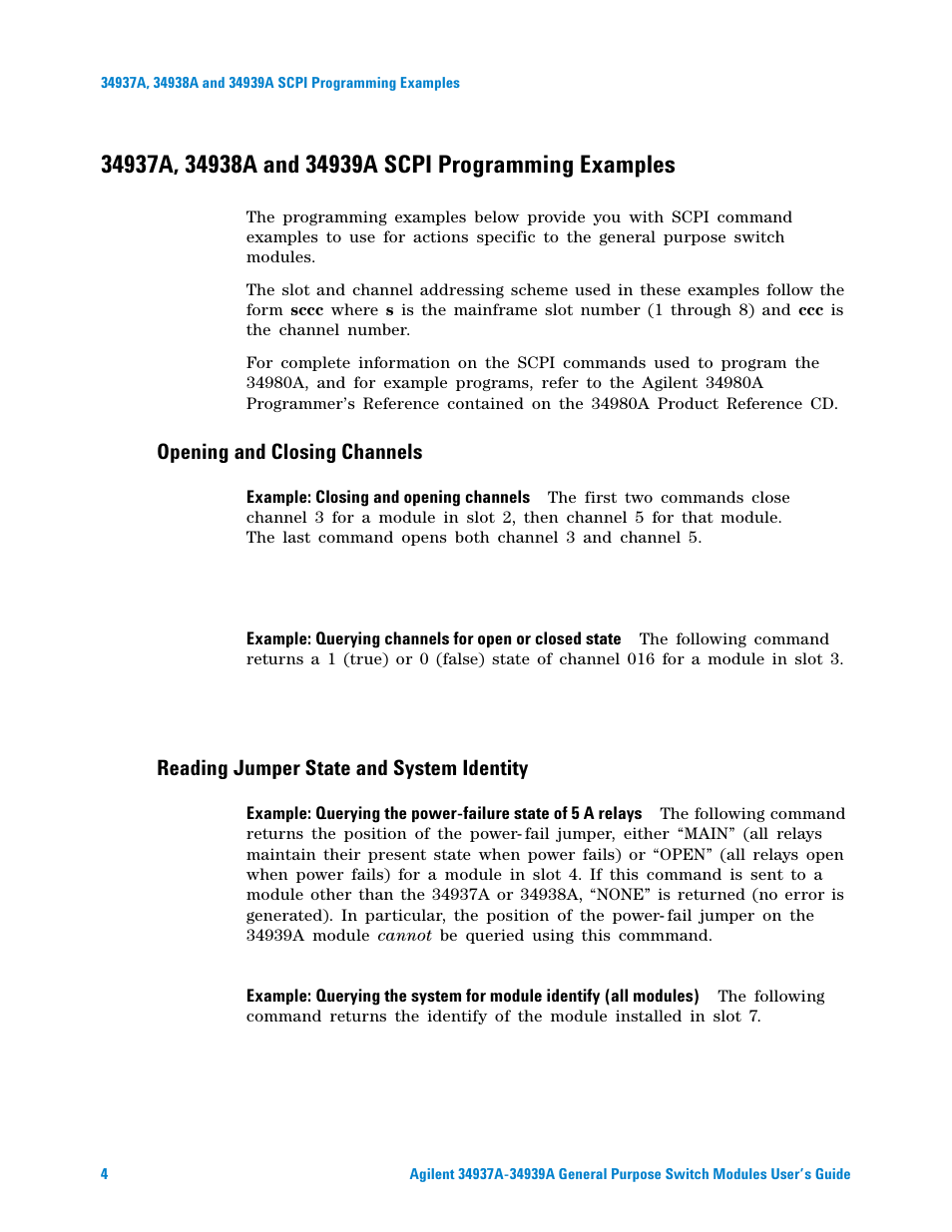 Opening and closing channels, Reading jumper state and system identity | Agilent Technologies 34939A User Manual | Page 10 / 24