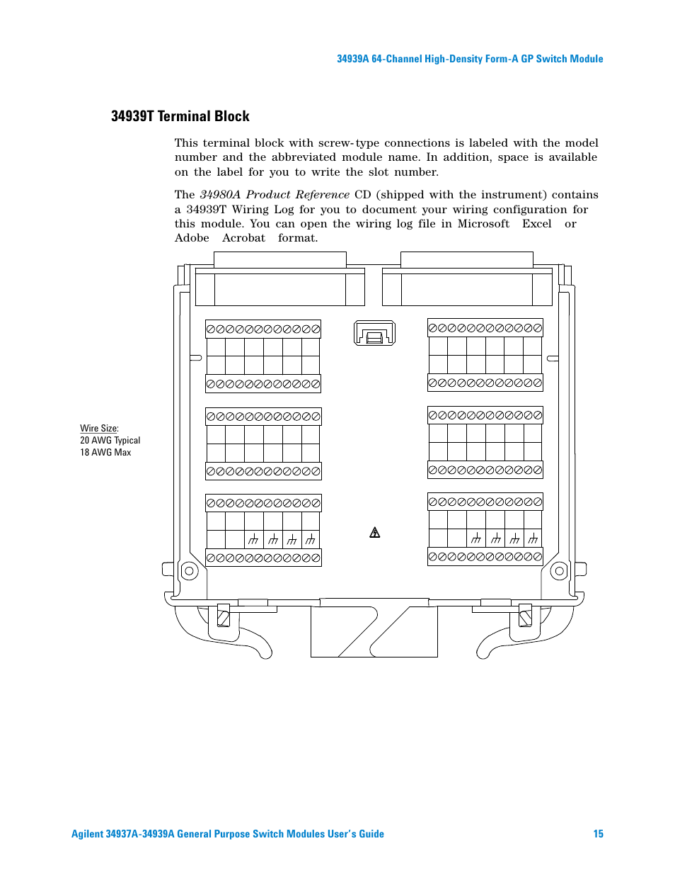 34939t terminal block, Excel, Or adobe | Acrobat, Format, Wire size:  20 awg typical  18 awg max | Agilent Technologies 34939A User Manual | Page 21 / 24