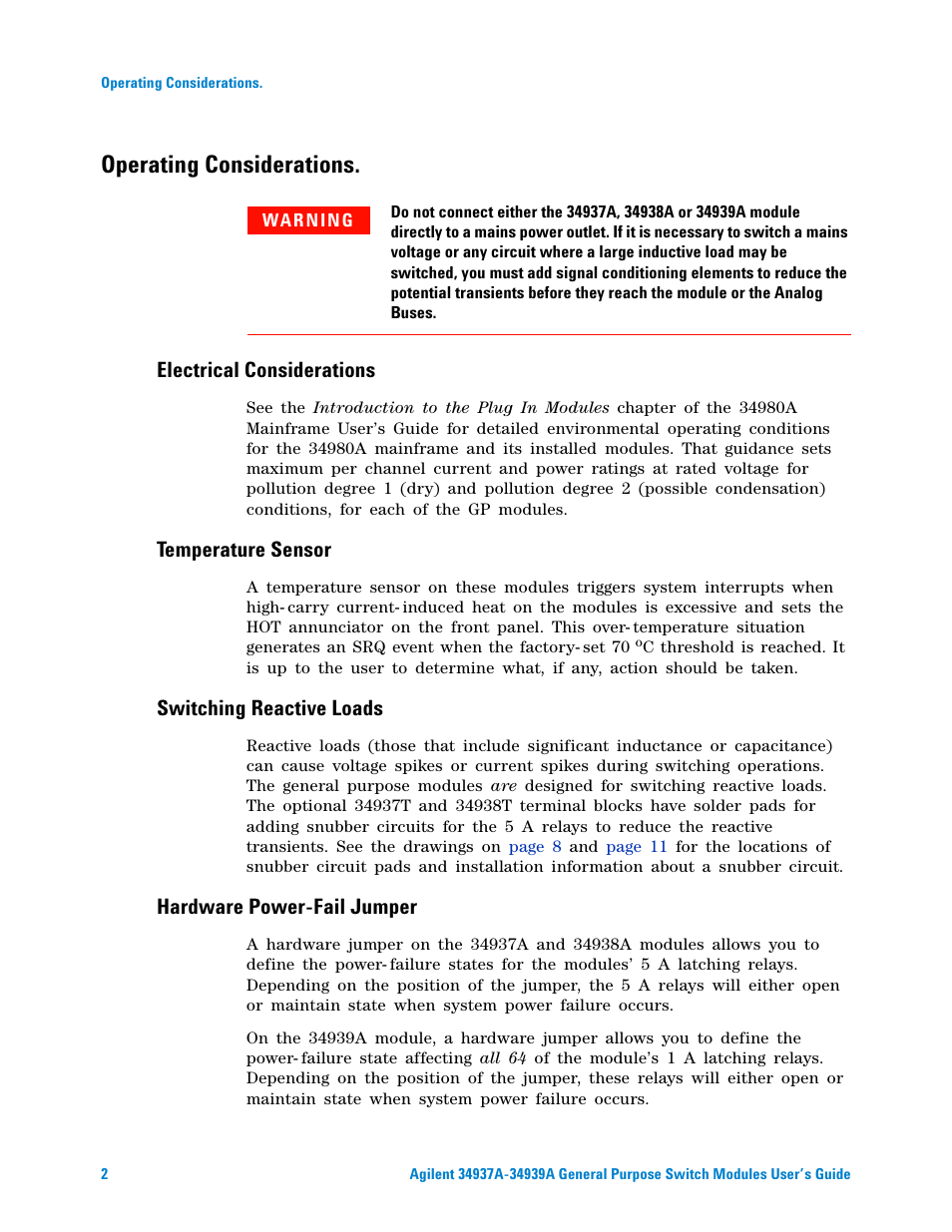 Operating considerations, Electrical considerations, Temperature sensor | Switching reactive loads, Hardware power-fail jumper | Agilent Technologies 34939A User Manual | Page 8 / 24