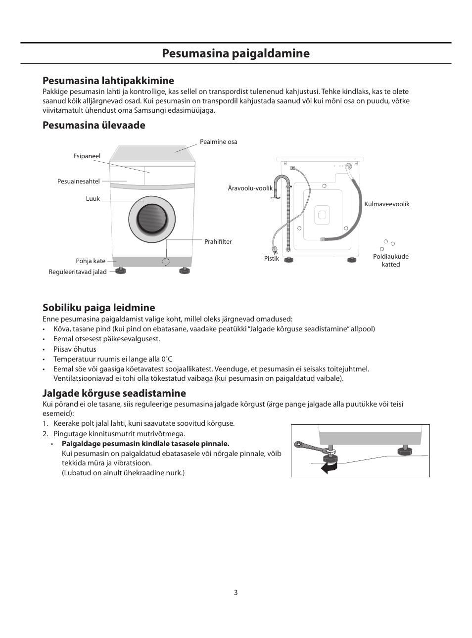 Pesumasina paigaldamine, Pesumasina lahtipakkimine, Pesumasina ülevaade sobiliku paiga leidmine | Jalgade kõrguse seadistamine, Oc rpm min, Start pause | Samsung WF-B1062 User Manual | Page 17 / 56