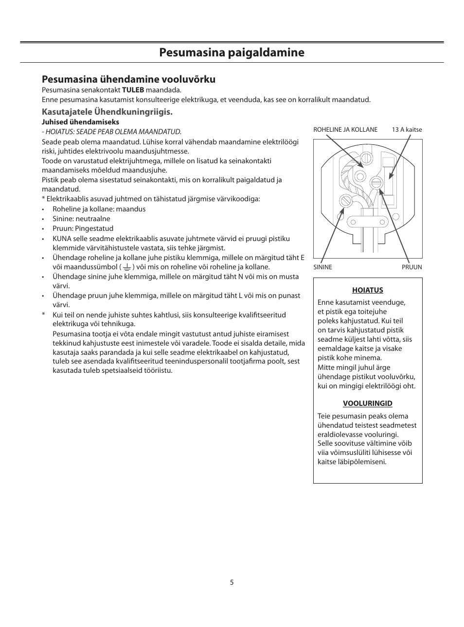 Pesumasina paigaldamine, Pesumasina ühendamine vooluvõrku | Samsung WF-B1062 User Manual | Page 19 / 56