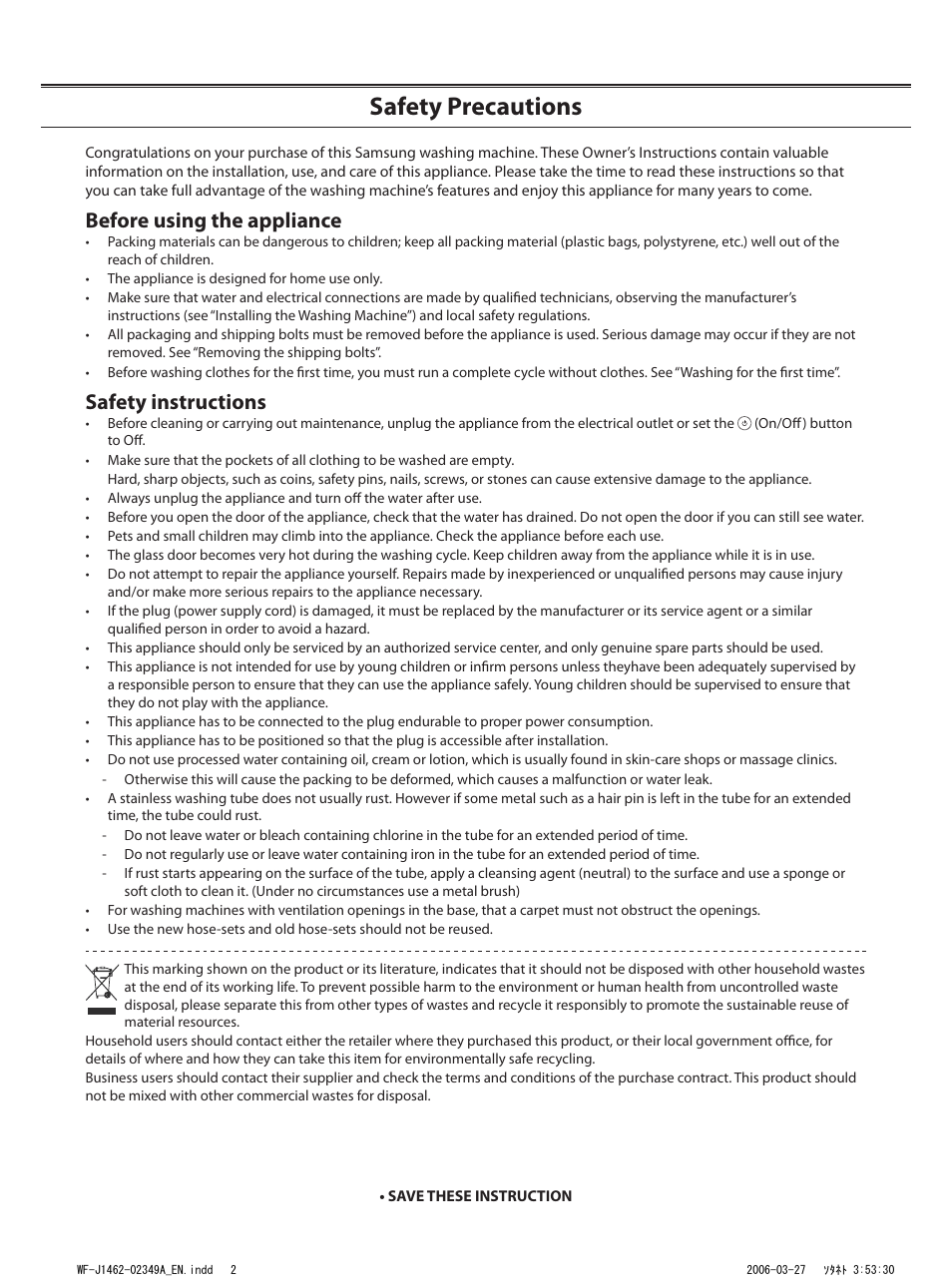 Safety precautions, Before using the appliance, Safety instructions | Samsung WF-B1062 User Manual | Page 2 / 56