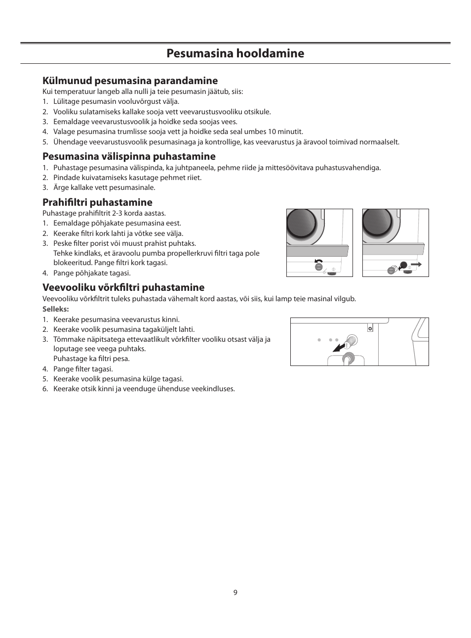 Pesumasina hooldamine, Külmunud pesumasina parandamine, Pesumasina välispinna puhastamine | Prahiﬁltri puhastamine, Veevooliku võrkﬁltri puhastamine | Samsung WF-B1062 User Manual | Page 23 / 56