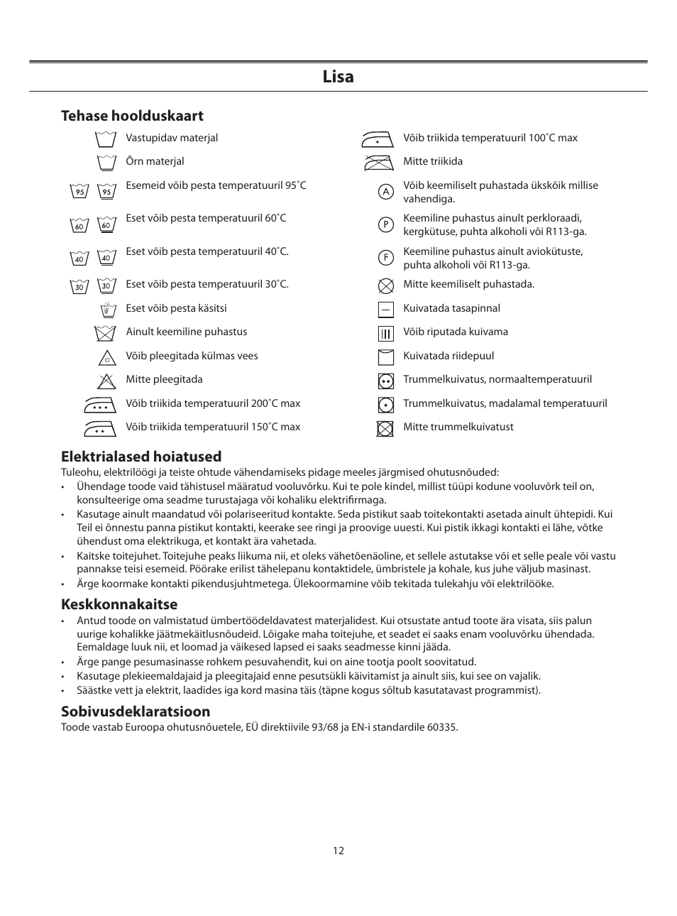 Lisa, Tehase hoolduskaart, Elektrialased hoiatused | Keskkonnakaitse, Sobivusdeklaratsioon | Samsung WF-B1062 User Manual | Page 26 / 56