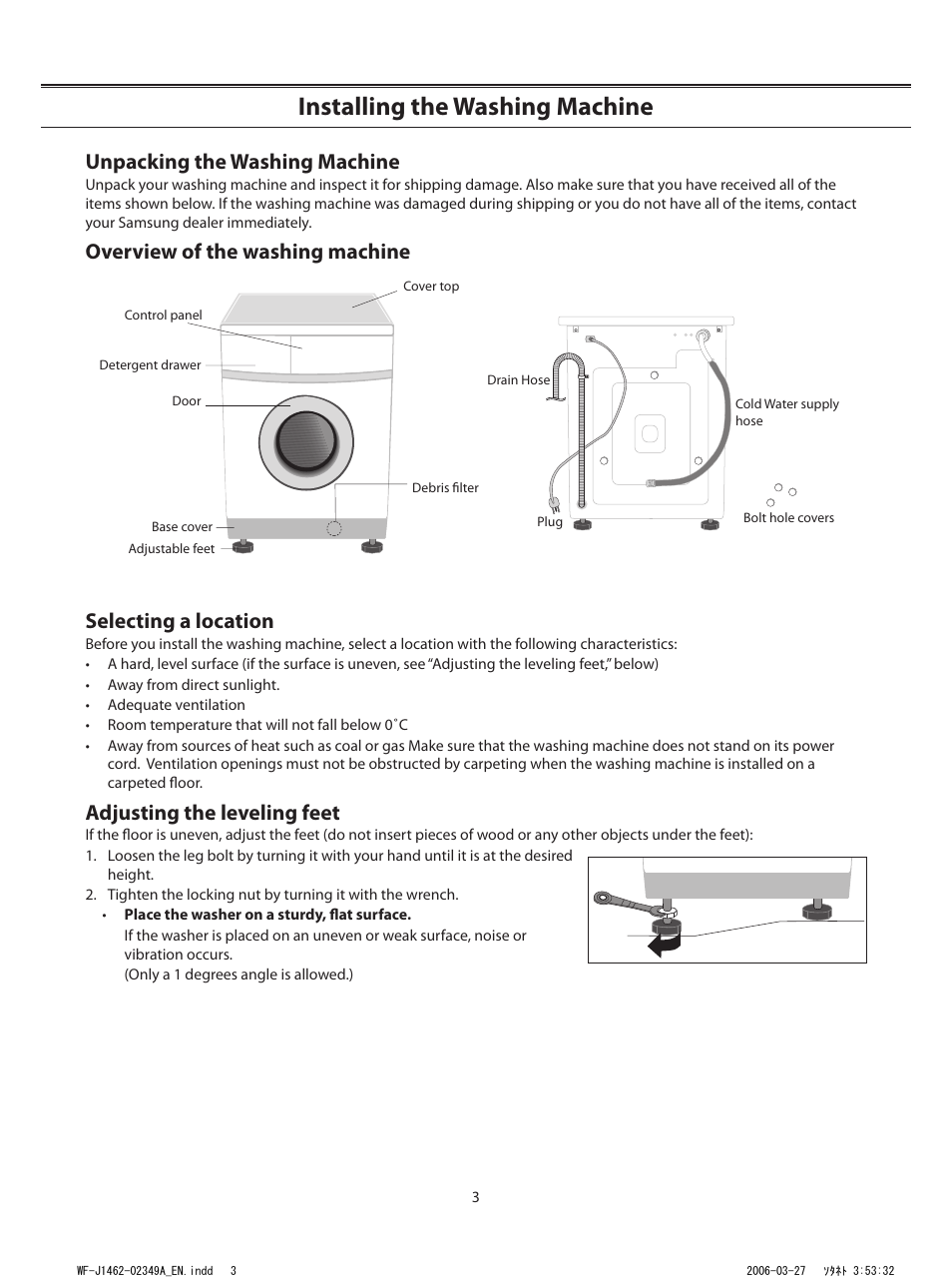 Installing the washing machine, Unpacking the washing machine, Adjusting the leveling feet | Oc rpm min, Start pause | Samsung WF-B1062 User Manual | Page 3 / 56