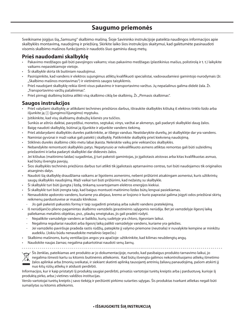 Saugumo priemonės, Prieš naudodami skalbyklę, Saugos instrukcijos | Samsung WF-B1062 User Manual | Page 30 / 56