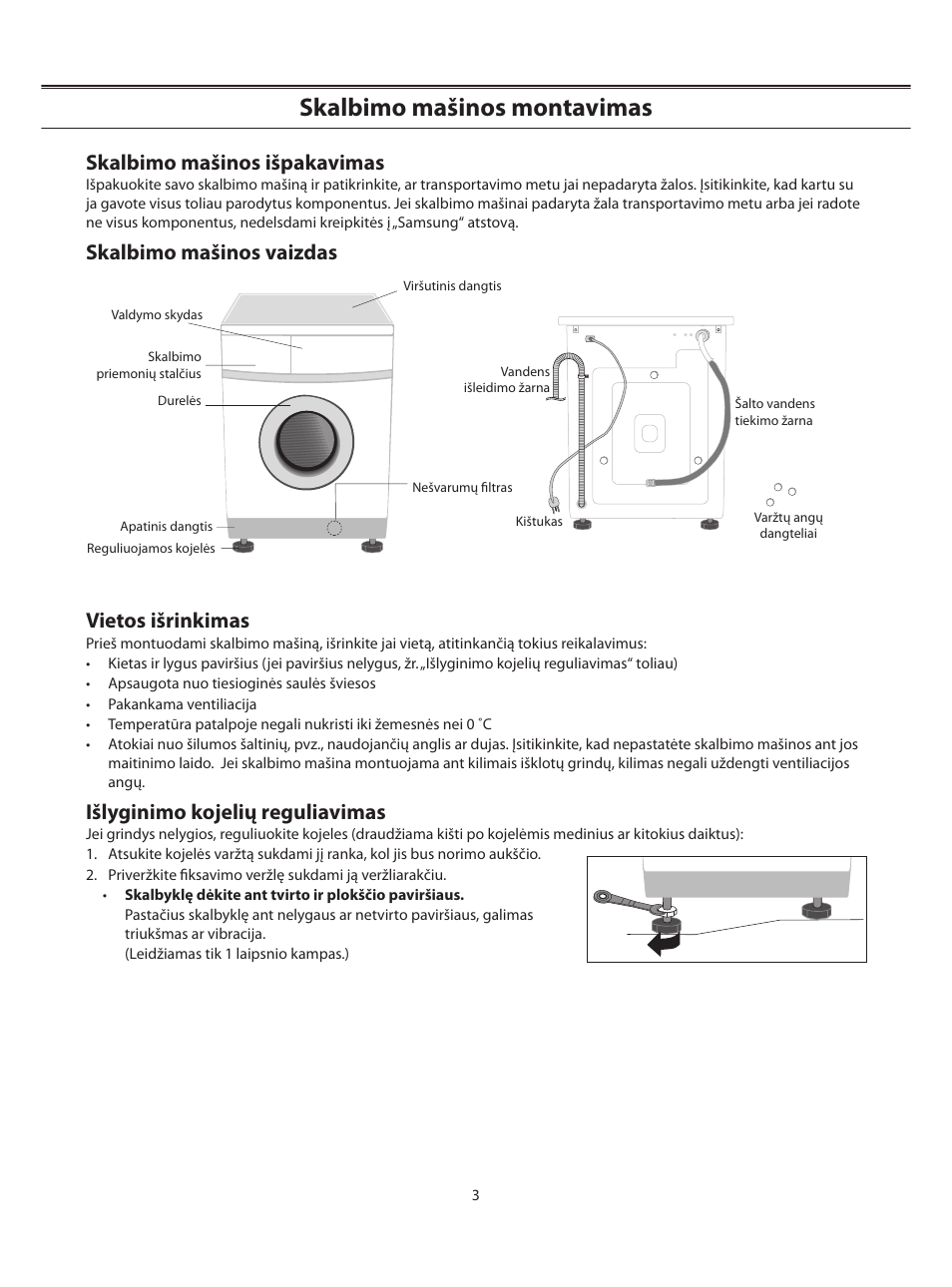 Skalbimo mašinos montavimas, Skalbimo mašinos išpakavimas, Skalbimo mašinos vaizdas vietos išrinkimas | Išlyginimo kojelių reguliavimas, Oc rpm min, Start pause | Samsung WF-B1062 User Manual | Page 31 / 56