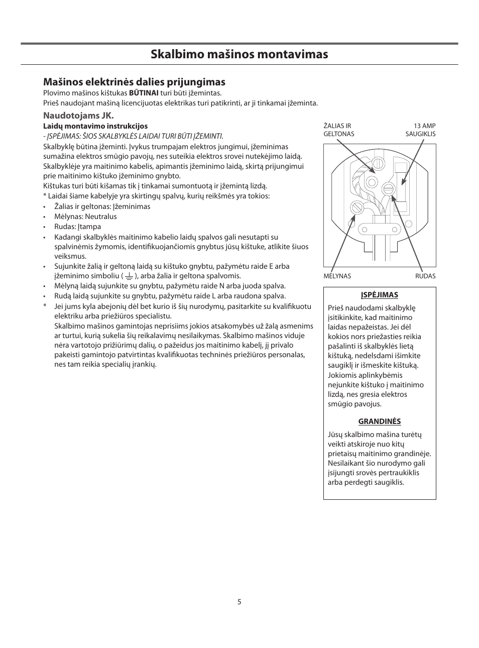 Skalbimo mašinos montavimas, Mašinos elektrinės dalies prijungimas | Samsung WF-B1062 User Manual | Page 33 / 56