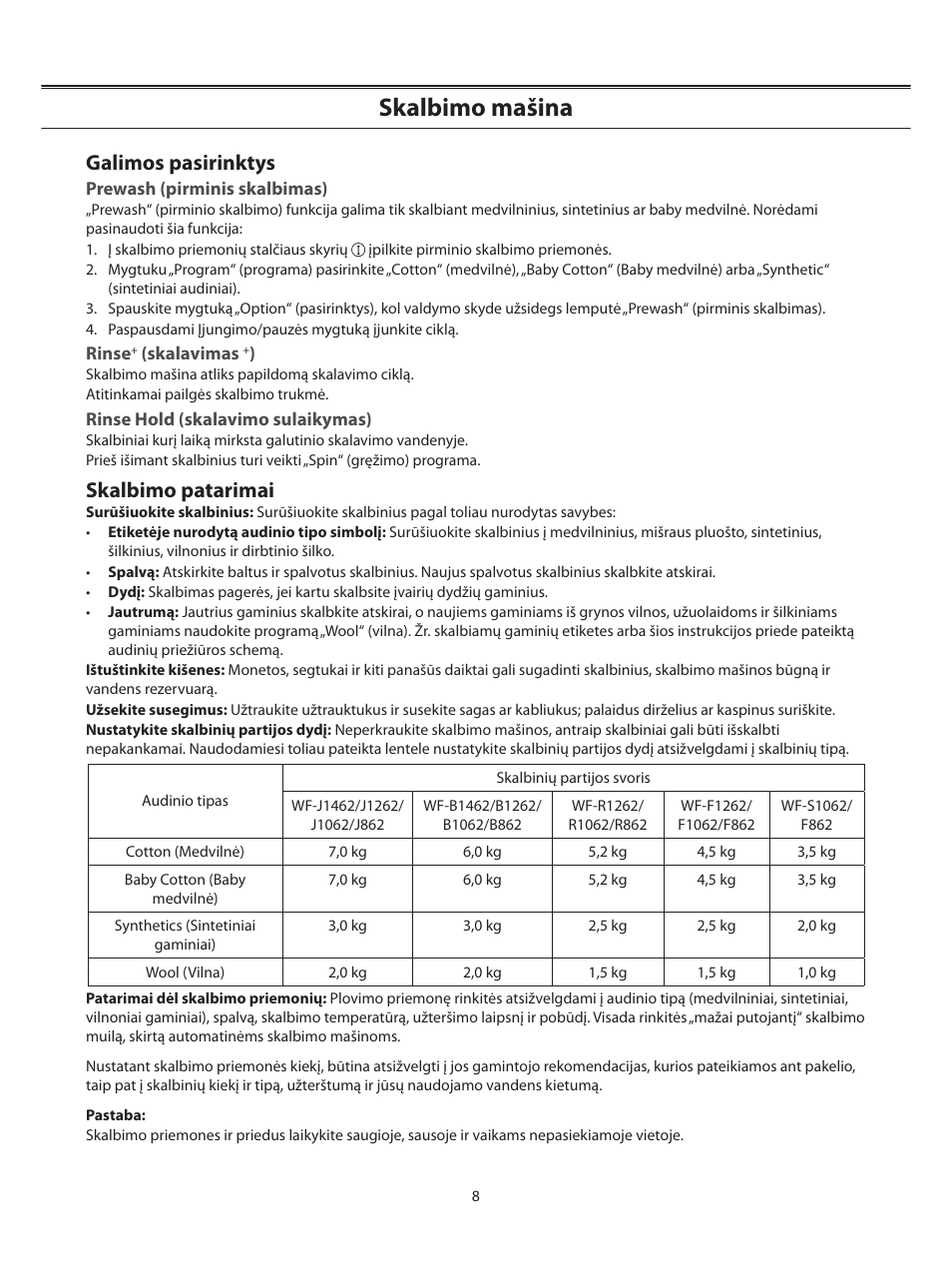 Skalbimo mašina, Galimos pasirinktys, Skalbimo patarimai | Samsung WF-B1062 User Manual | Page 36 / 56