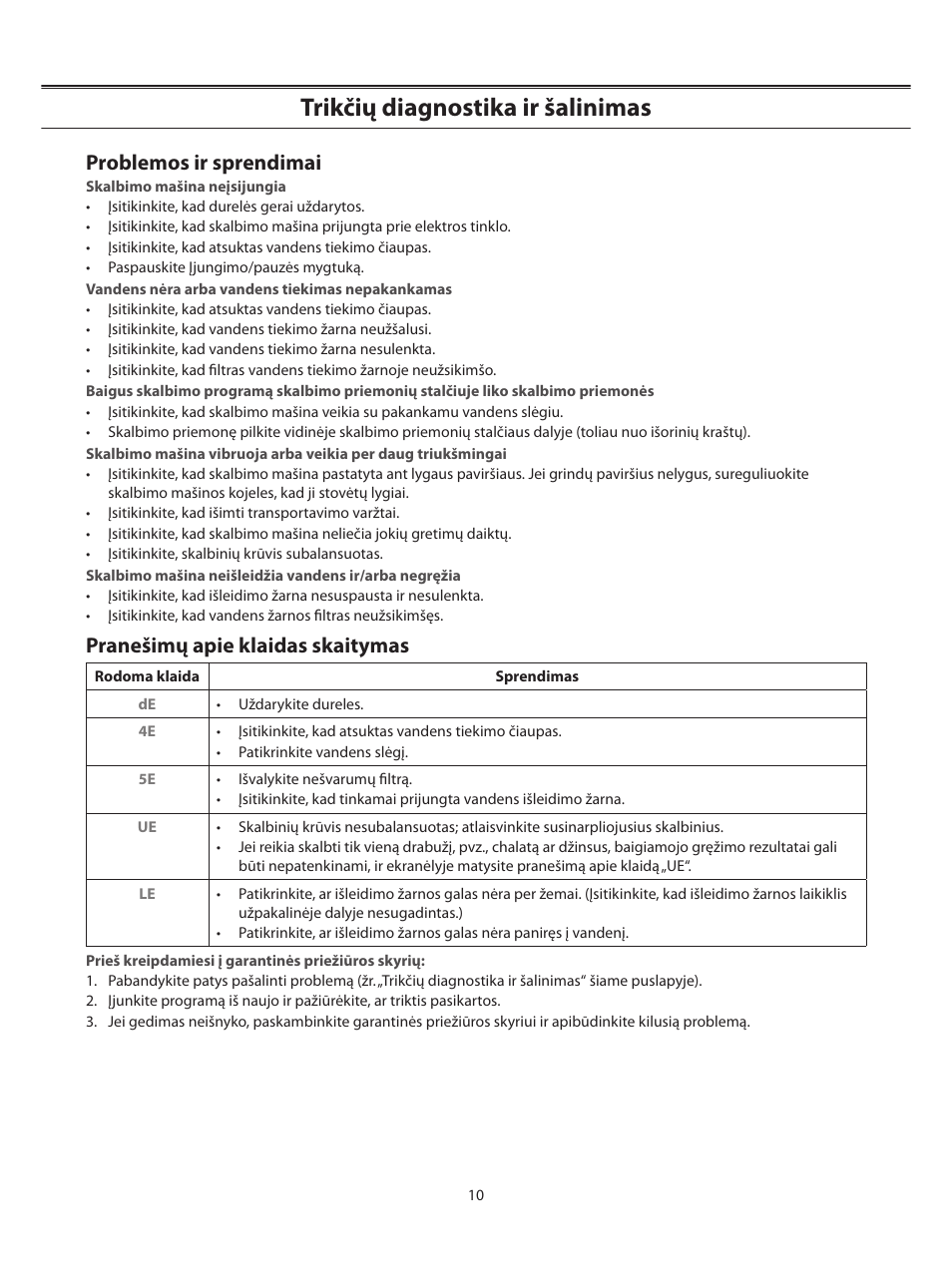 Trikčių diagnostika ir šalinimas, Problemos ir sprendimai, Pranešimų apie klaidas skaitymas | Samsung WF-B1062 User Manual | Page 38 / 56