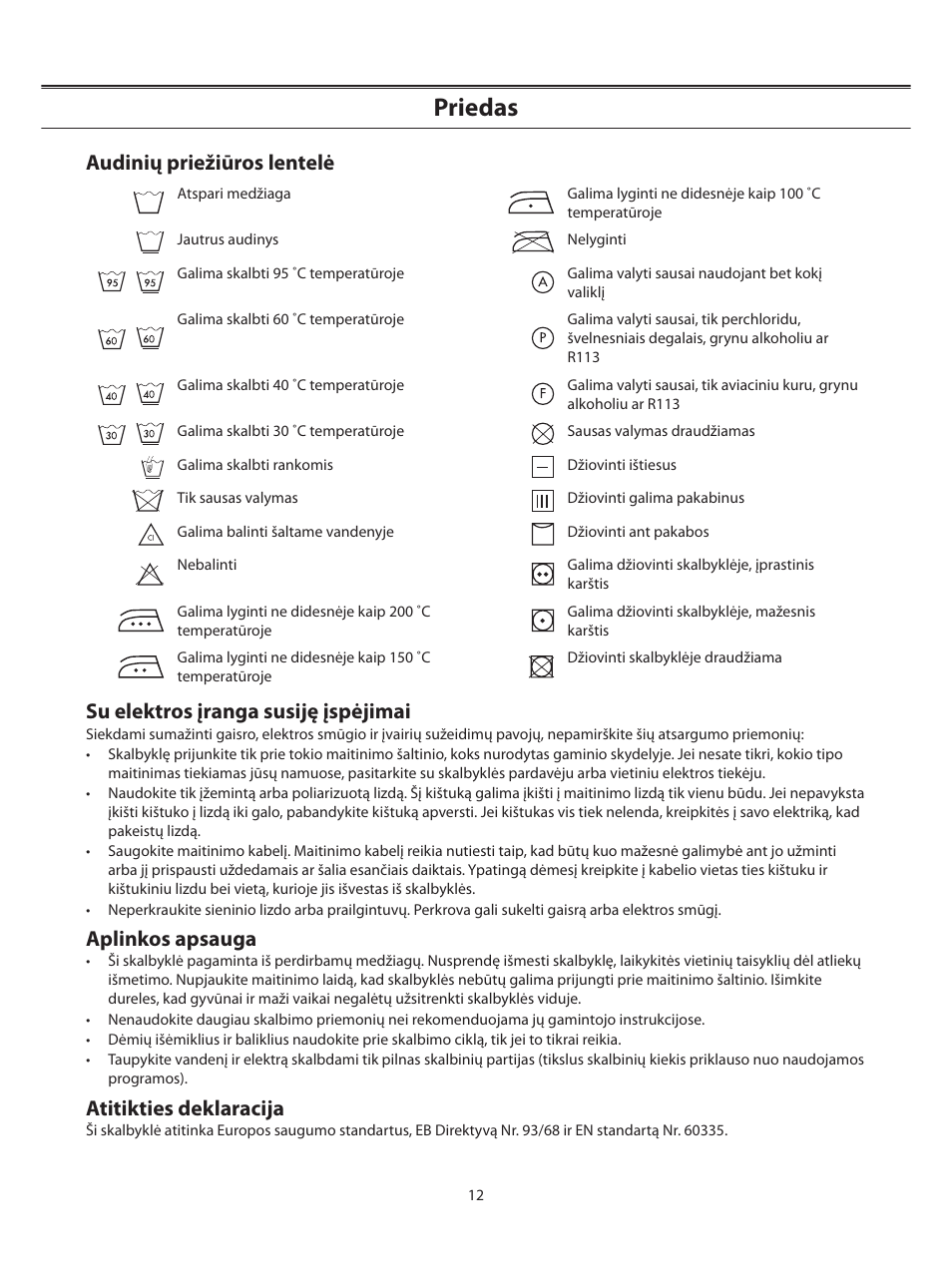 Priedas, Audinių priežiūros lentelė, Su elektros įranga susiję įspėjimai | Aplinkos apsauga, Atitikties deklaracija | Samsung WF-B1062 User Manual | Page 40 / 56