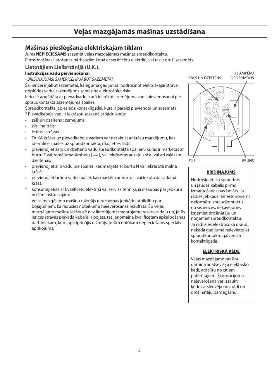 Veļas mazgājamās mašīnas uzstādīšana, Mašīnas pieslēgšana elektriskajam tīklam | Samsung WF-B1062 User Manual | Page 47 / 56